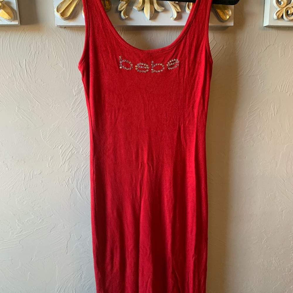 Vintage Bebe Red Mini Dress with Embellished Logo